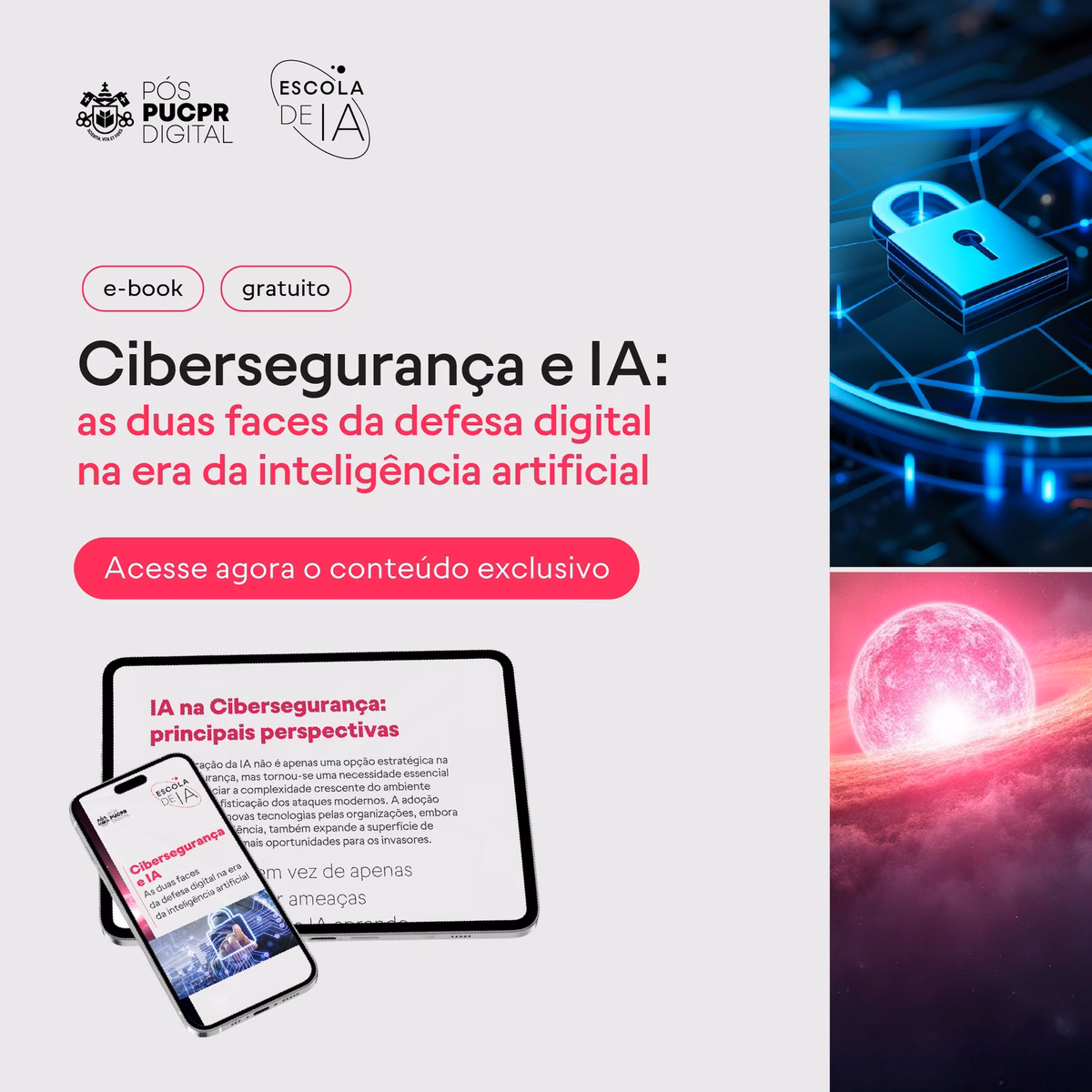 Banner em português sobre “Cibersegurança e IA” com cadeado digital e tela de tablet e celular.