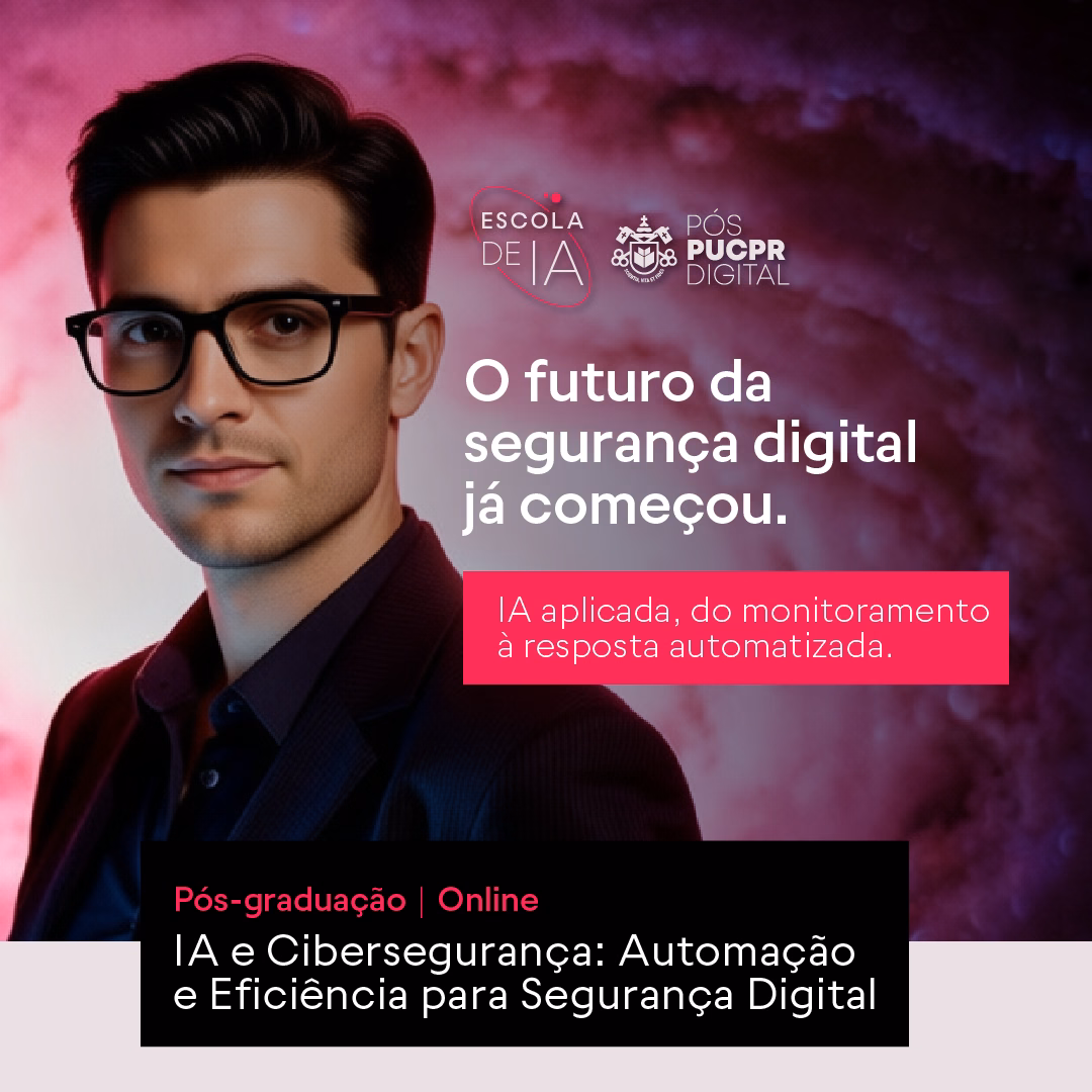 Banner roxo de pós-graduação em cibersegurança, com homem de óculos e texto promocional em português.
