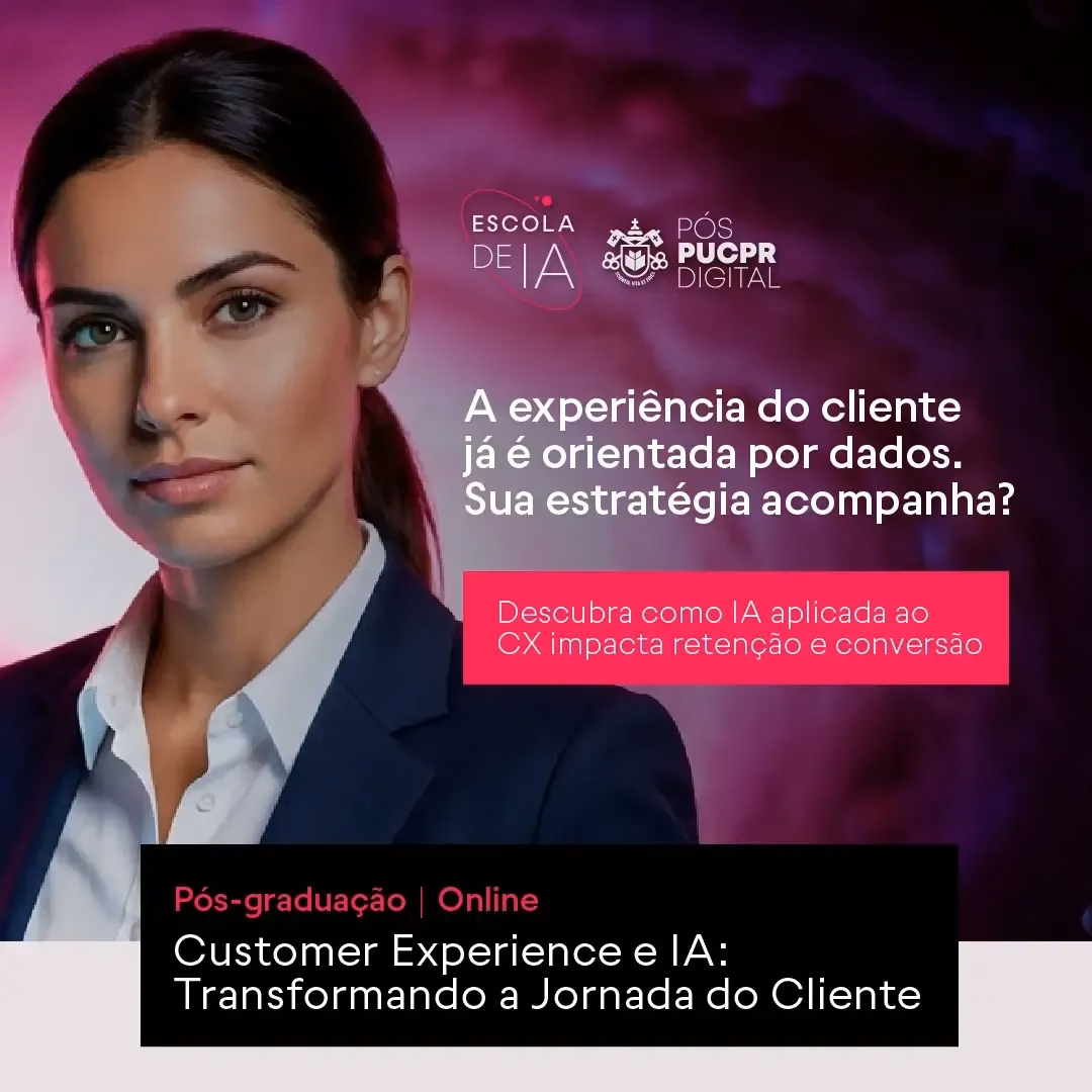 Banner roxo de pós-graduação online em Customer Experience e IA, com retrato de mulher em terno.