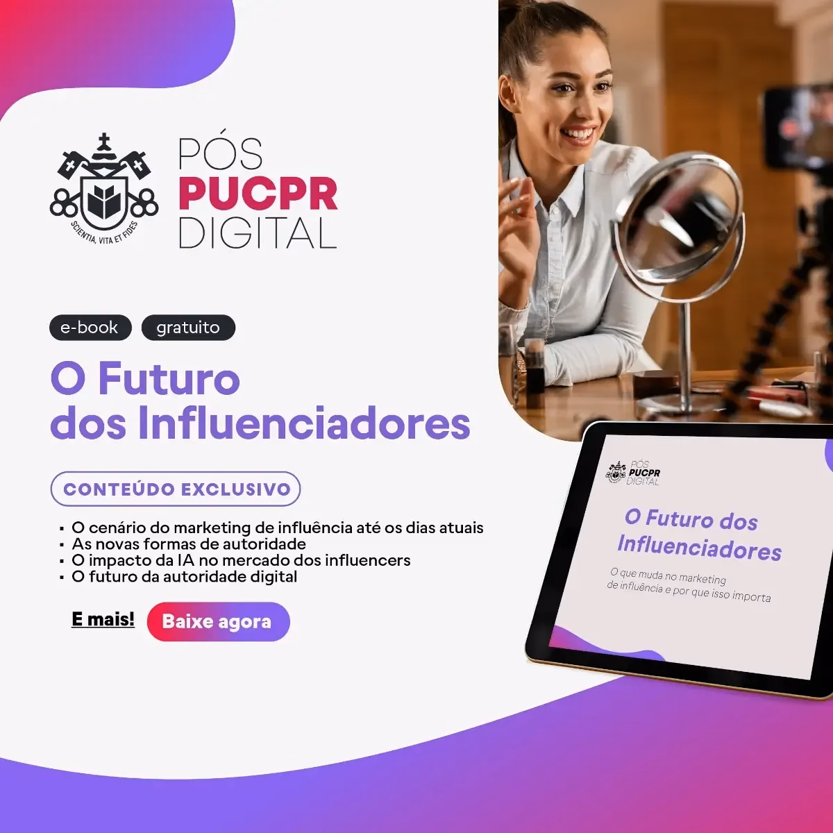 PUCPR Digital promotional banner for a content piece about the future of influencers, featuring a tablet and a creator.