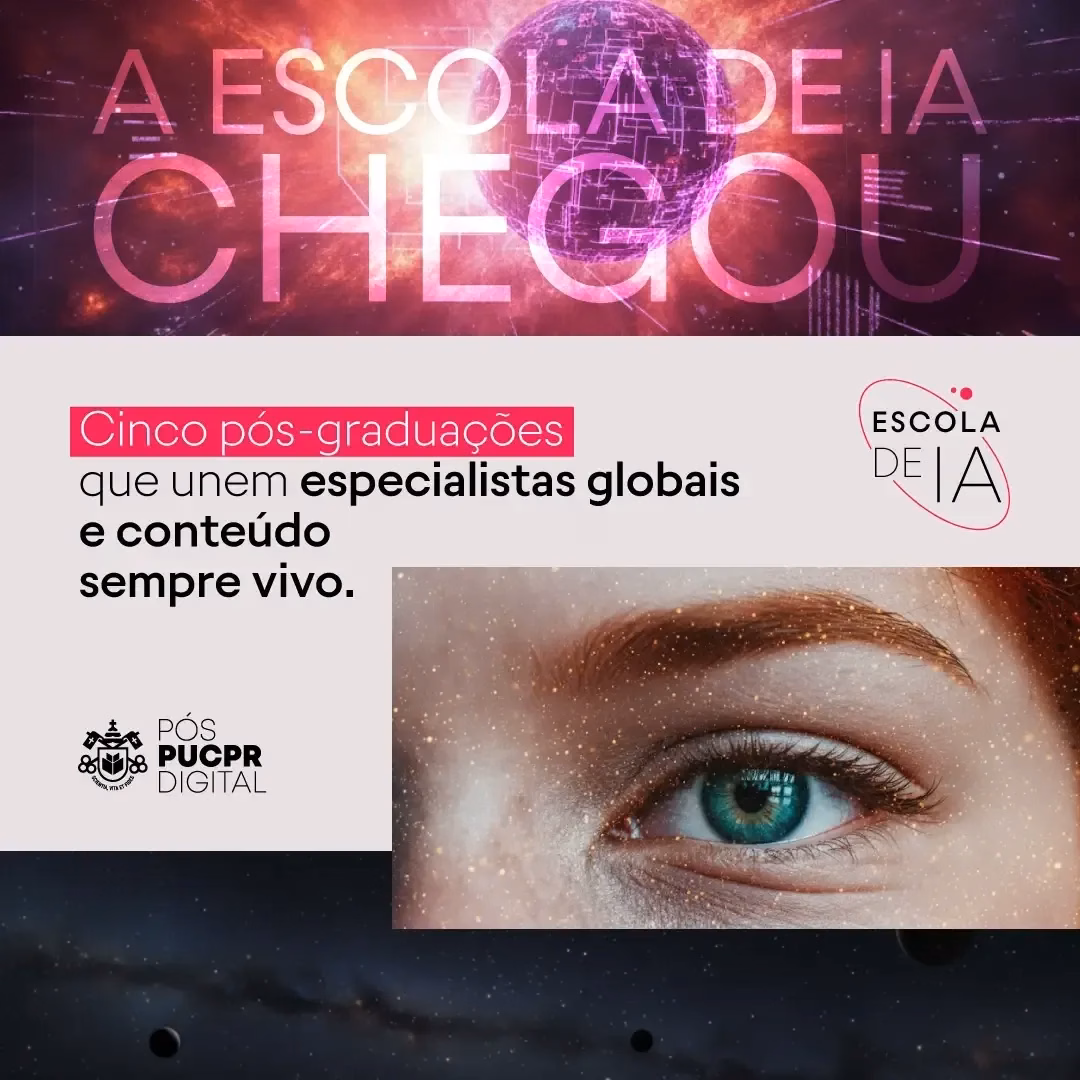 Cartaz rosa e preto da Escola de IA com slogan sobre especialistas globais e um close de olho azul.